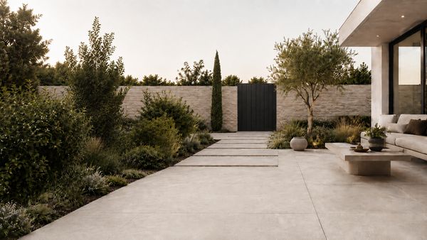 Strakke moderne tuin met keramische terrastegels en bestrating door Tegelkunst